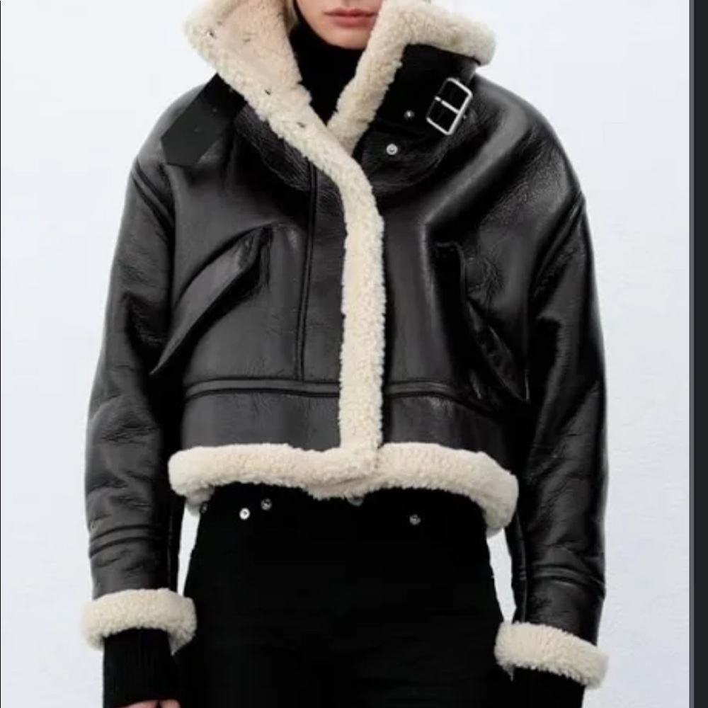 Zara faux leather fleece collar jacket - size S